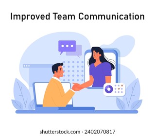 Improved Team Communication highlighted. A man on laptop virtually shakes hands with a woman via video call, showcasing online collaboration. Dialogue bubbles signify active chats. Flat vector.