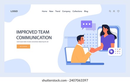 Improved Team Communication highlighted. A man on laptop virtually shakes hands with a woman via video call, showcasing online collaboration. Dialogue bubbles signify active chats. Flat vector.