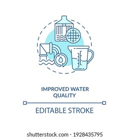 Improved water quality concept icon. Using water filter removing bacteria, metals and contaminants idea thin line illustration. Vector isolated outline RGB color drawing. Editable stroke