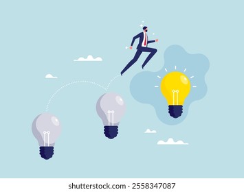 Improvement and adaptation to new normal concept, businessman jump from old to new shiny lightbulb idea. Business transformation, change management or transition to better innovative company