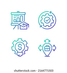 Improvement business process gradient linear vector icons set. Career growth. Automated manufacturing. Thin line contour symbol designs bundle. Isolated outline illustrations collection