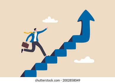 Improvement or career growth, stairway to success, growing income or improve skill to achieve business target concept, confidence businessman step walking up stair of success with rising up arrow.