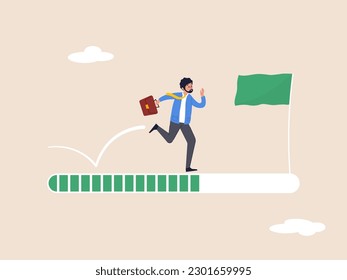 Improvement concept. Business step or career path, progress or journey to success or achieve goal. Ambitious businessman run on progress bar to achieve success flag. Flat vector illustration.