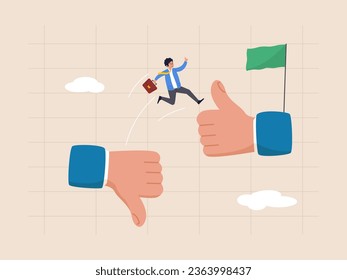 Improvement or courage concept. Change or transform to better opportunity, determination to progress or career growth, aspiration or challenge, courage businessman jumping from thumb down to thumb up.