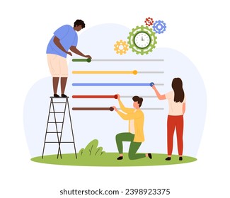 Improvement and customization of digital system vector illustration. Cartoon tiny people edit different sliders, administrator and customers change tech settings of profile account to update software