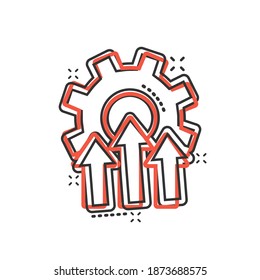 Improvement icon in comic style. Gear project cartoon vector illustration on white isolated background. Productivity splash effect business concept.