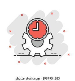 Improvement icon in comic style. Gear project cartoon vector illustration on white isolated background. Productivity splash effect business concept.