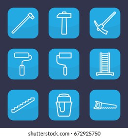 Improvement icon. set of 9 outline improvement icons such as ladder, stairs, roller, paint bucket, garden hammer, saw, paint roller