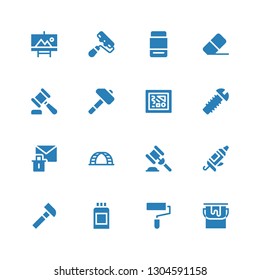 improvement icon set. Collection of 16 filled improvement icons included Paint bucket, Paint roller, Paint can, Hammer, Caulk gun, Ladder, Erase, Screw, Painting, Eraser