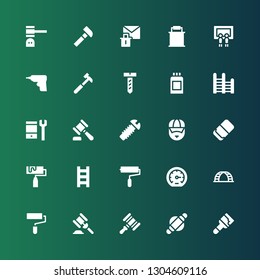 improvement icon set. Collection of 25 filled improvement icons included Paint, Roller, Hammer, Paint roller, Ladder, Performance, Eraser, Coach, Screw, Configuration, Paint can