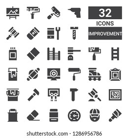 improvement icon set. Collection of 32 filled improvement icons included Paint, Coach, Performance, Eraser, Paint bucket, Painting, Hammer, Roller, Paint roller, Configuration