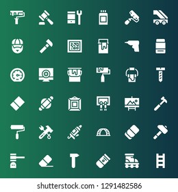 improvement icon set. Collection of 36 filled improvement icons included Ladder, Roller, Eraser, Hammer, Caulk gun, Paint roller, Painting, Screw, Paint bucket, Configuration
