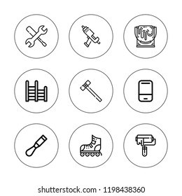 Improvement icon set. collection of 9 outline improvement icons with chisel, caulk gun, hammer, eraser, ladder, paint bucket, paint roller, repair icons. editable icons.