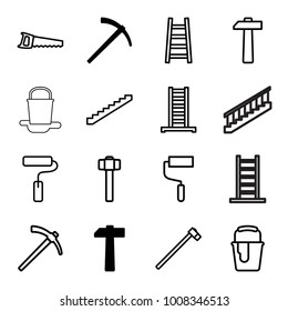 Improvement icons. set of 16 editable outline improvement icons such as hammer, ladder, stairs, roller, paint bucket, garden hammer, saw