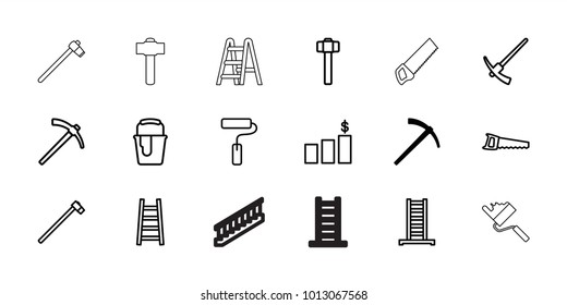 Improvement icons. set of 18 editable outline improvement icons: hammer, ladder, paint bucket, garden hammer, saw, paint roller, money chart, stairs
