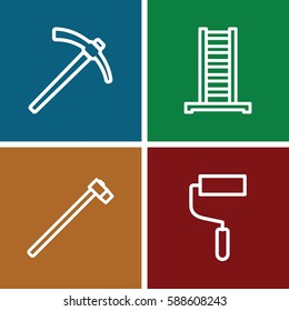 improvement icons set. Set of 4 improvement outline icons such as ladder, roller, garden hammer