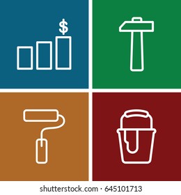 Improvement icons set. set of 4 improvement outline icons such as paint bucket, paint roller, hammer