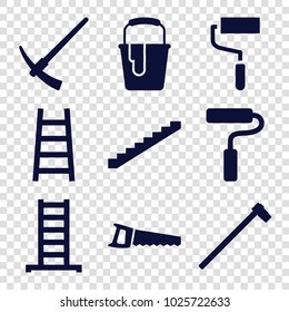 Improvement icons. set of 9 editable filled improvement icons such as ladder, stairs, roller, paint bucket, garden hammer, saw, paint roller
