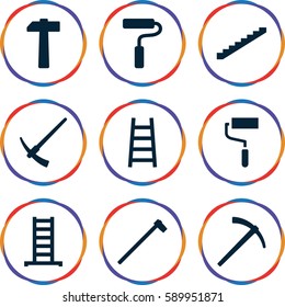 improvement icons set. Set of 9 improvement filled icons such as ladder, stairs, roller, garden hammer, paint roller