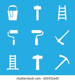 improvement icons set. Set of 9 improvement filled icons such as ladder, roller, paint bucket, garden hammer, paint roller