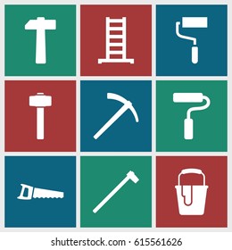 Improvement icons set. set of 9 improvement filled icons such as ladder, roller, paint bucket, garden hammer, saw, paint roller