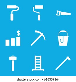 Improvement icons set. set of 9 improvement filled icons such as ladder, roller, paint bucket, garden hammer, saw, paint roller, hammer