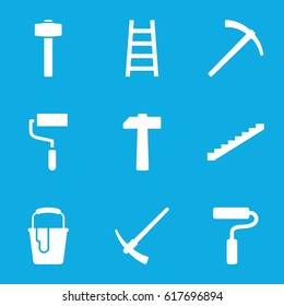 Improvement icons set. set of 9 improvement filled icons such as stairs, roller, paint bucket, ladder, garden hammer, paint roller