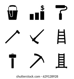 Improvement icons set. set of 9 improvement filled icons such as ladder, paint bucket, garden hammer, paint roller, hammer