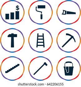 Improvement icons set. set of 9 improvement filled icons such as stairs, roller, paint bucket, ladder, garden hammer, saw, hammer