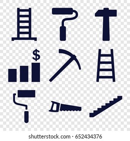 Improvement icons set. set of 9 improvement filled icons such as ladder, stairs, roller, saw, paint roller, hammer