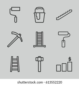 Improvement icons set. set of 9 improvement outline icons such as ladder, stairs, roller, paint bucket, garden hammer, paint roller, hammer
