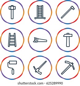Improvement icons set. set of 9 improvement outline icons such as ladder, roller, garden hammer, saw