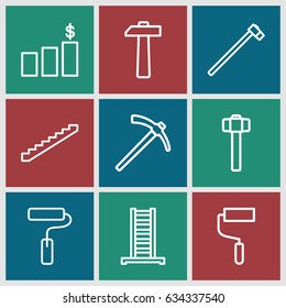 Improvement icons set. set of 9 improvement outline icons such as ladder, stairs, roller, garden hammer, paint roller, hammer