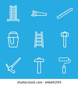 Improvement icons set. set of 9 improvement outline icons such as ladder, stairs, paint bucket, garden hammer, saw, paint roller