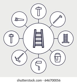 Improvement icons set. set of 9 improvement outline icons such as ladder, roller, paint bucket, garden hammer, saw