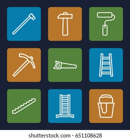 Improvement icons set. set of 9 improvement outline icons such as ladder, stairs, paint bucket, garden hammer, saw, paint roller