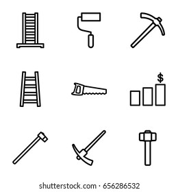 Improvement icons set. set of 9 improvement outline icons such as ladder, roller, garden hammer, saw, hammer