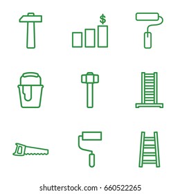 Improvement icons set. set of 9 improvement outline icons such as ladder, roller, paint bucket, garden hammer, saw, paint roller, hammer