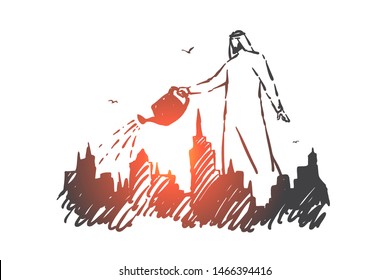 Improvement, investment, eco-city concept sketch. Man from Saudi Arabia watering small version of big city with can. Hand drawn isolated vector illustration