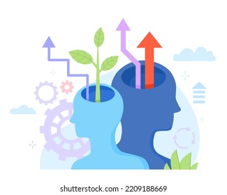 Improvement mind level. Human mental wellbeing health, confident mentor knowledge self value better faster thinking fulfillment head learn vector illustration of improvement mind and development