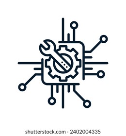 Verbesserung, Modernisierung, Reparatur elektronischer Geräte. Lineares Vektorsymbol einzeln auf weißem Hintergrund.