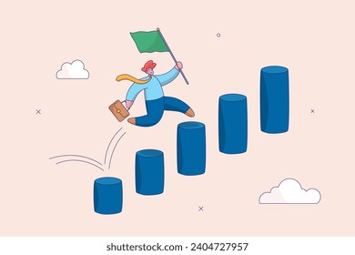 Improvement opportunity concept. Career advancement, development or business growth, progress to more responsibility, salary or job promotion, success businessman step up growing bar graph stairs.