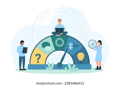 Improvement of soft business skills vector illustration. Cartoon tiny people move arrow on indicator to improve leadership, problem solving and social communication ability of person or team