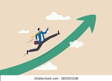 Improvement in work, career path to grow, achievement and success in job or leadership to win business concept, confidence smart businessman in suit with briefcase running on rising arrow to the sky.