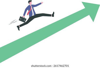 Improvement in work, career path to grow, achievement and success in job or leadership to win business concept, confident smart businessman in suit with briefcase running on rising arrow to the sky.

