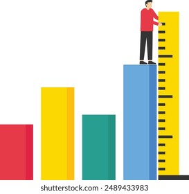 improvements business growth concept, Business benchmark measurement, Kor PI, key performance indicators to evaluate success, businessman, and woman help using measuring tape to measure bar graph.