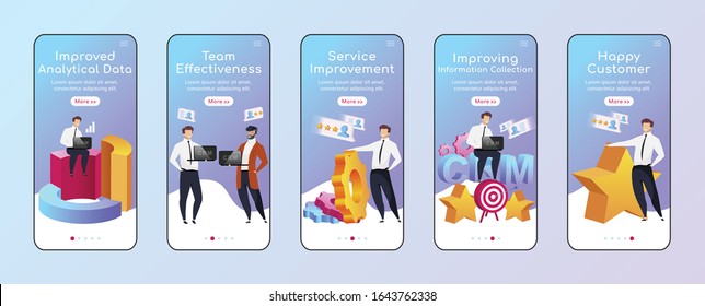 Improvements by CRM onboarding mobile app screen flat vector template. Team effectiveness. Walkthrough website steps with characters. UX, UI, GUI smartphone cartoon interface, case prints set