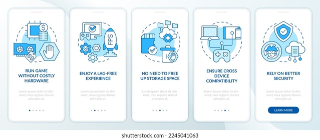 Improvements in cloud gaming blue onboarding mobile app screen. AR, VR walkthrough 5 steps editable graphic instructions with linear concepts. UI, UX, GUI template. Myriad Pro-Bold, Regular fonts used