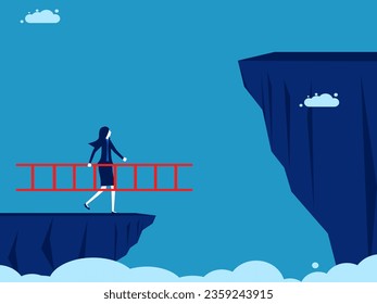 Improvements to fix problems. businesswoman holding a ladder is about to climb over a high cliff