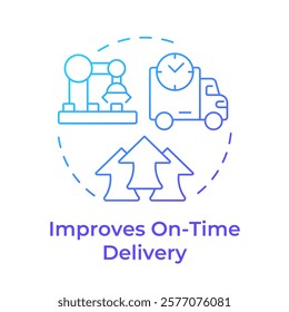 Improves on time delivery blue gradient concept icon. Shipment deadlines coordination. Benefit of MRP II. Round shape line illustration. Abstract idea. Graphic design. Easy to use in article